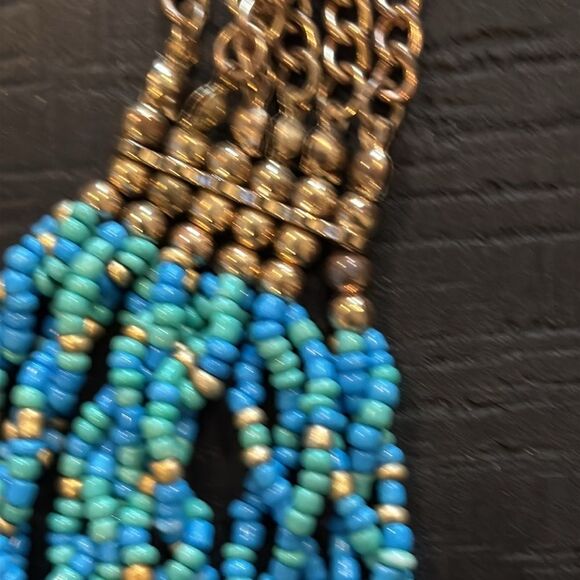 Talbots Seedbead Gold Tone Turquoise Blue Multi Strand Necklace Boho Classy - Picture 4 of 9